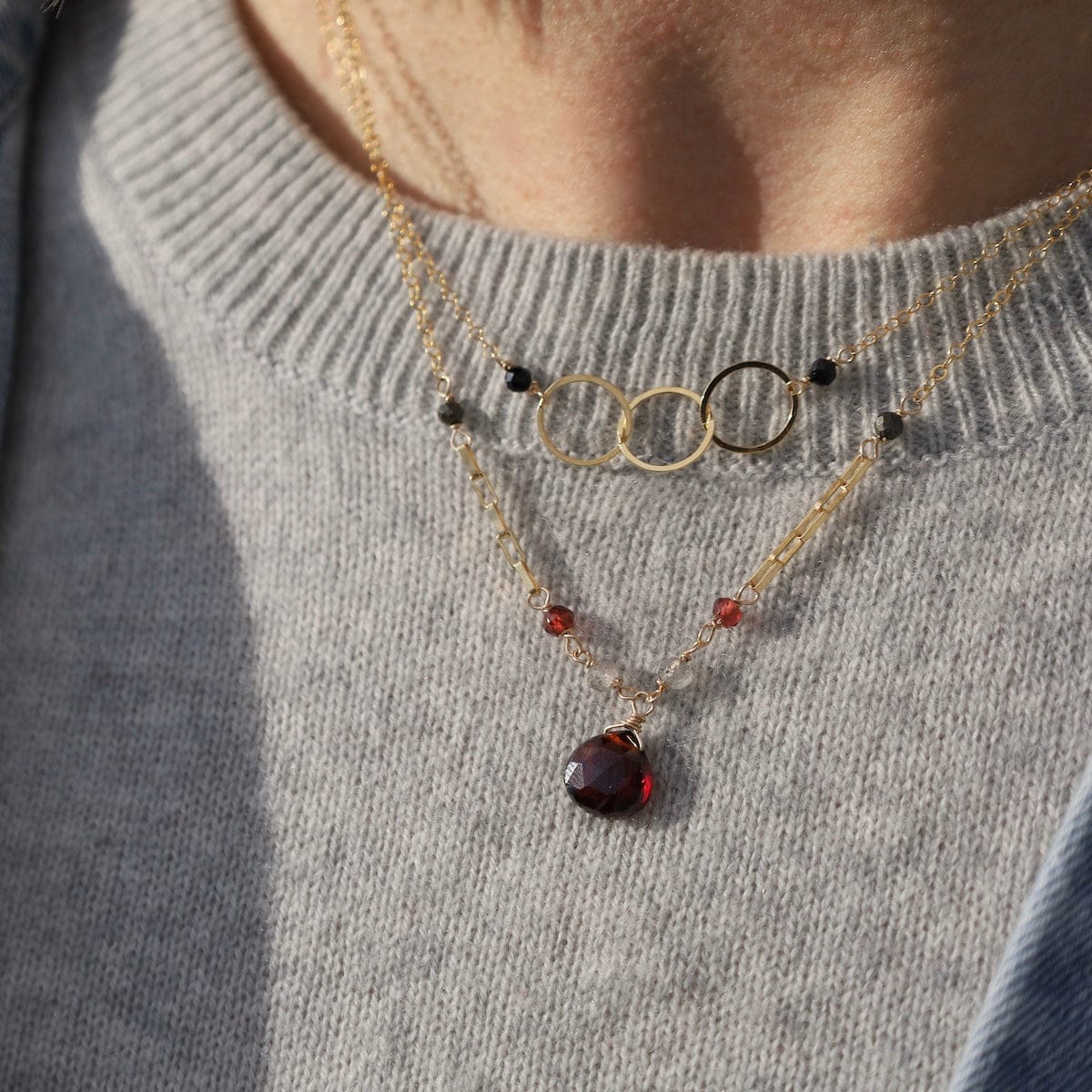 NKL-GF Gold Filled Garnet Drop with Rondelles Necklace
