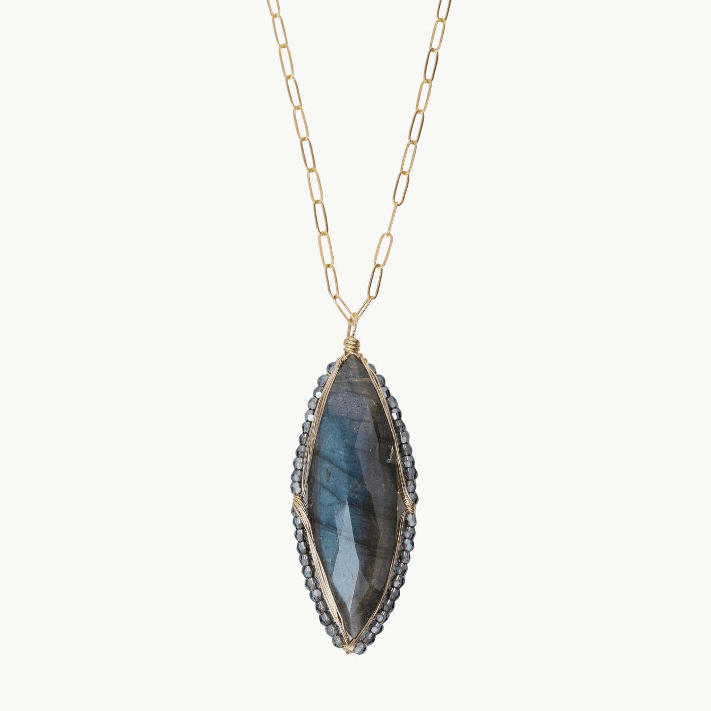 NKL-GF Gold Filled Long Labradorite Marquise Surrounded b