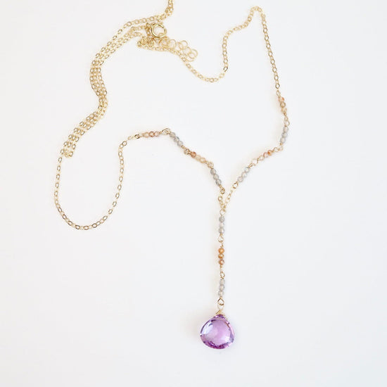NKL-GF Gold Filled Long "Y" drop Necklace with Pink Amethyst