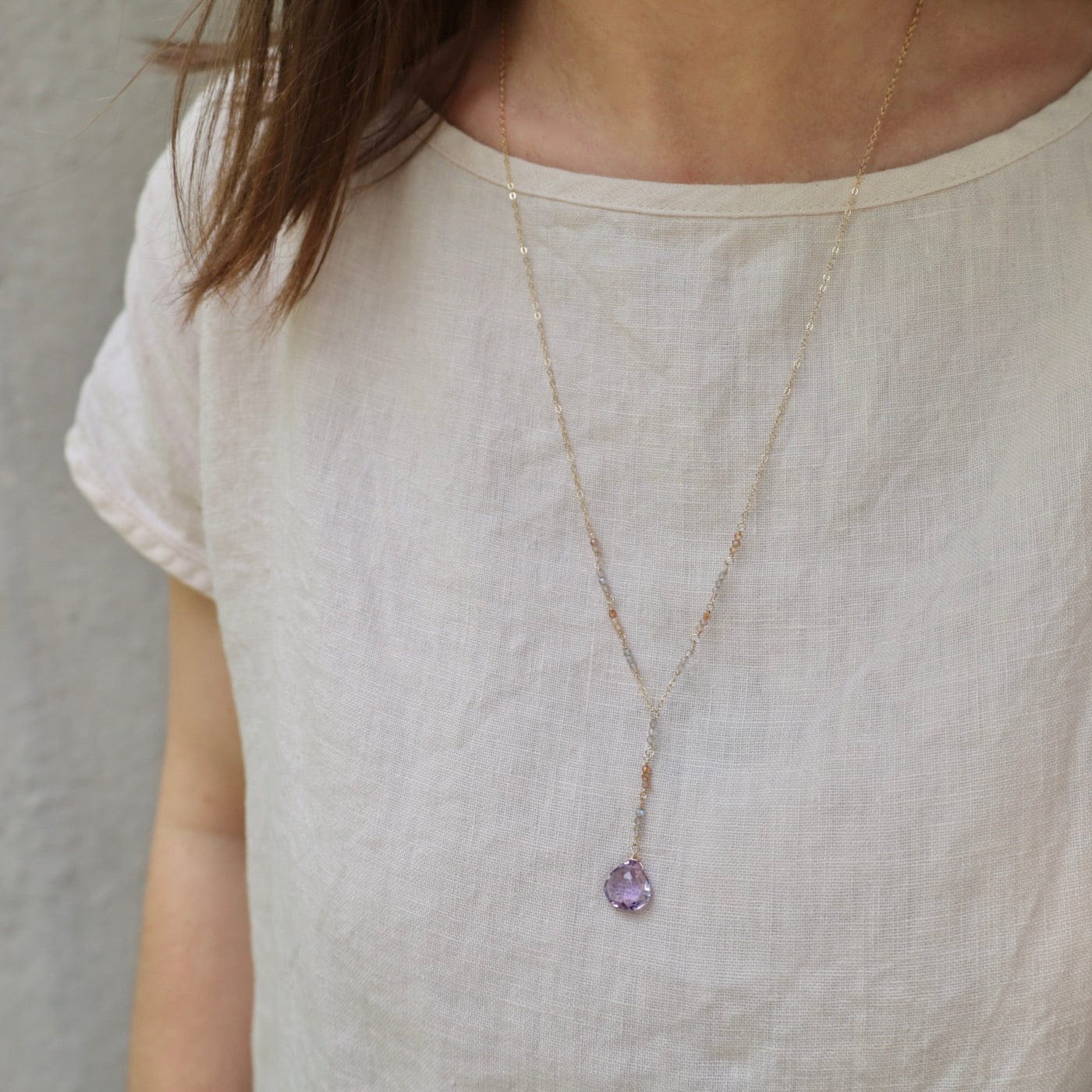 NKL-GF Gold Filled Long "Y" drop Necklace with Pink Amethyst