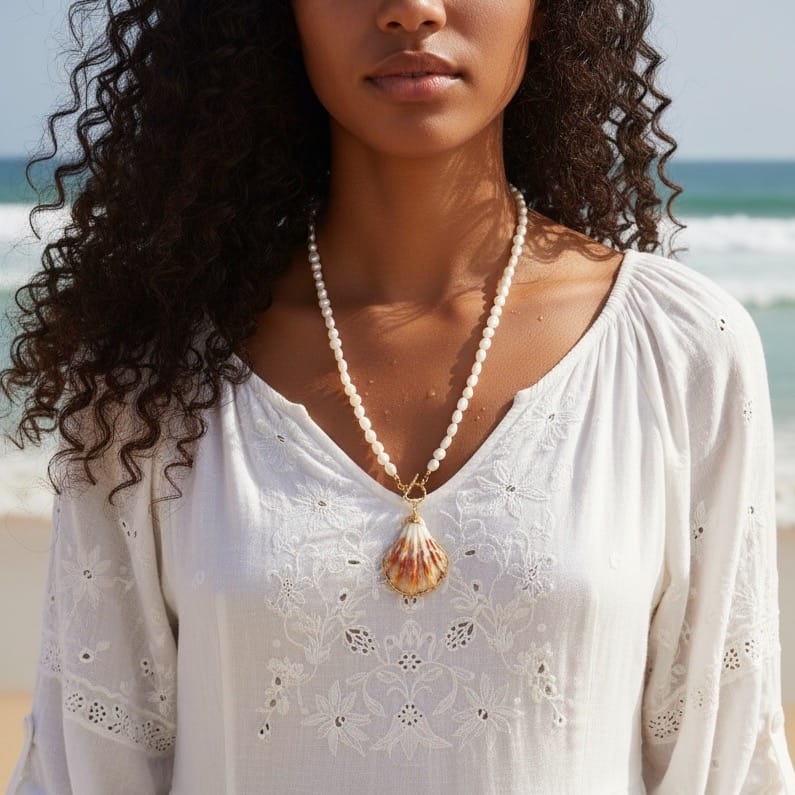NKL-GF Gold Filled Pink Sands Pearl Beach Shell Toggle Necklace