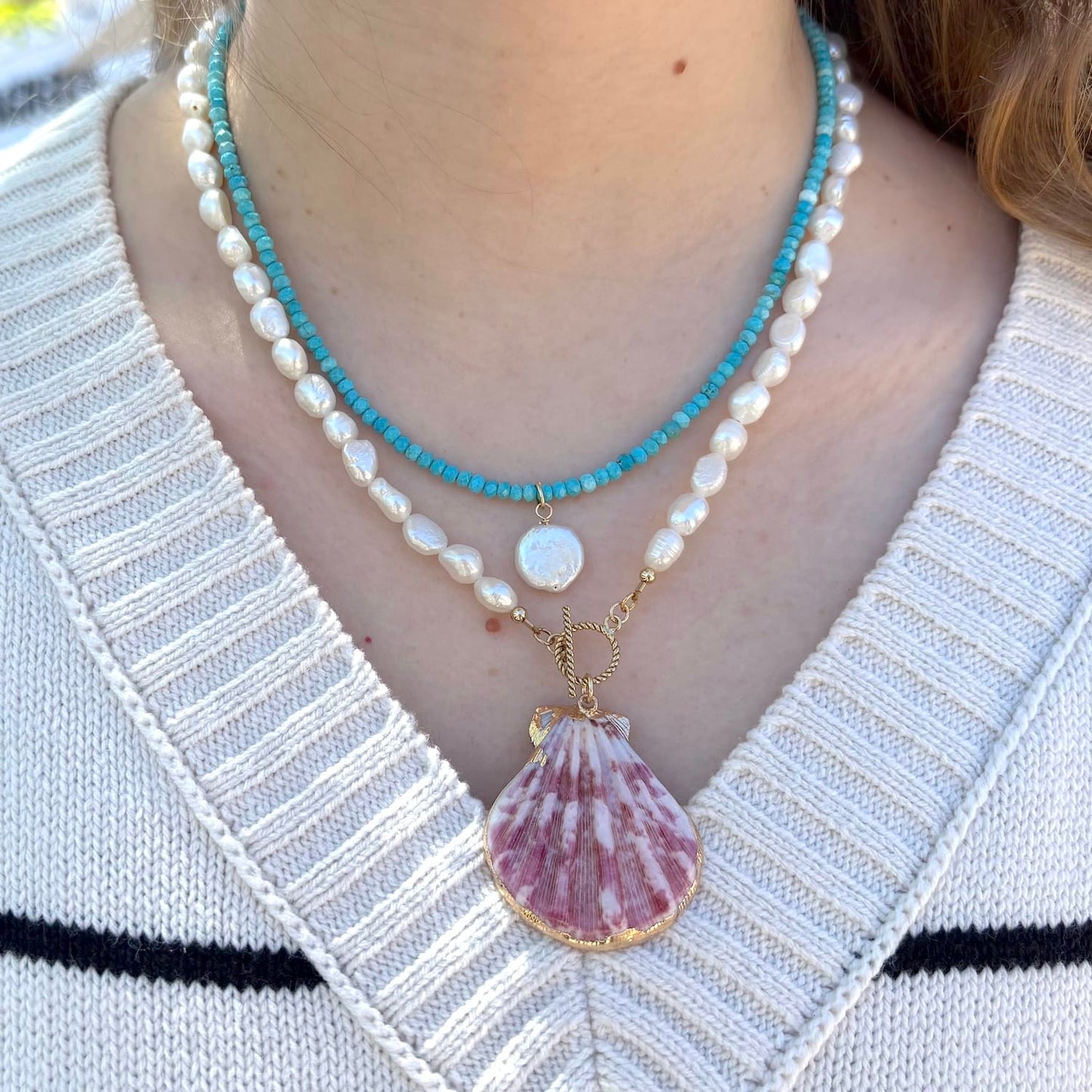 NKL-GF Gold Filled Pink Sands Pearl Beach Shell Toggle Necklace