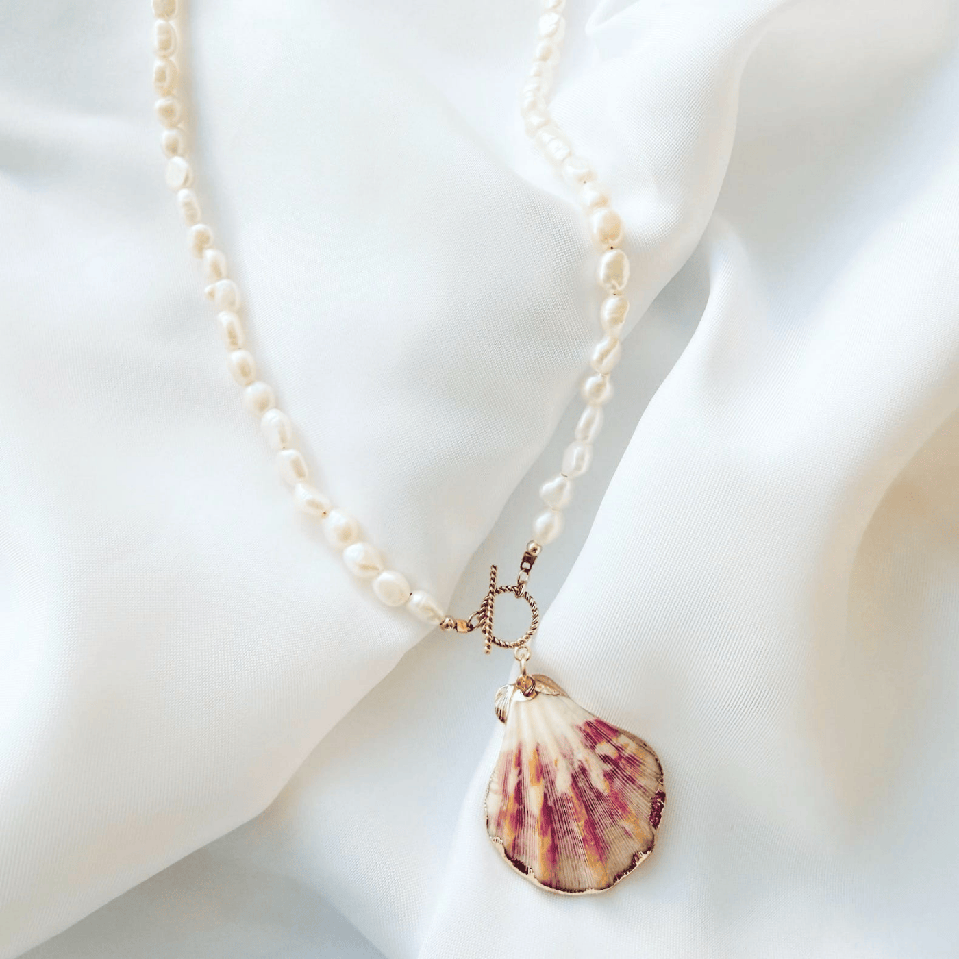NKL-GF Gold Filled Pink Sands Pearl Beach Shell Toggle Necklace