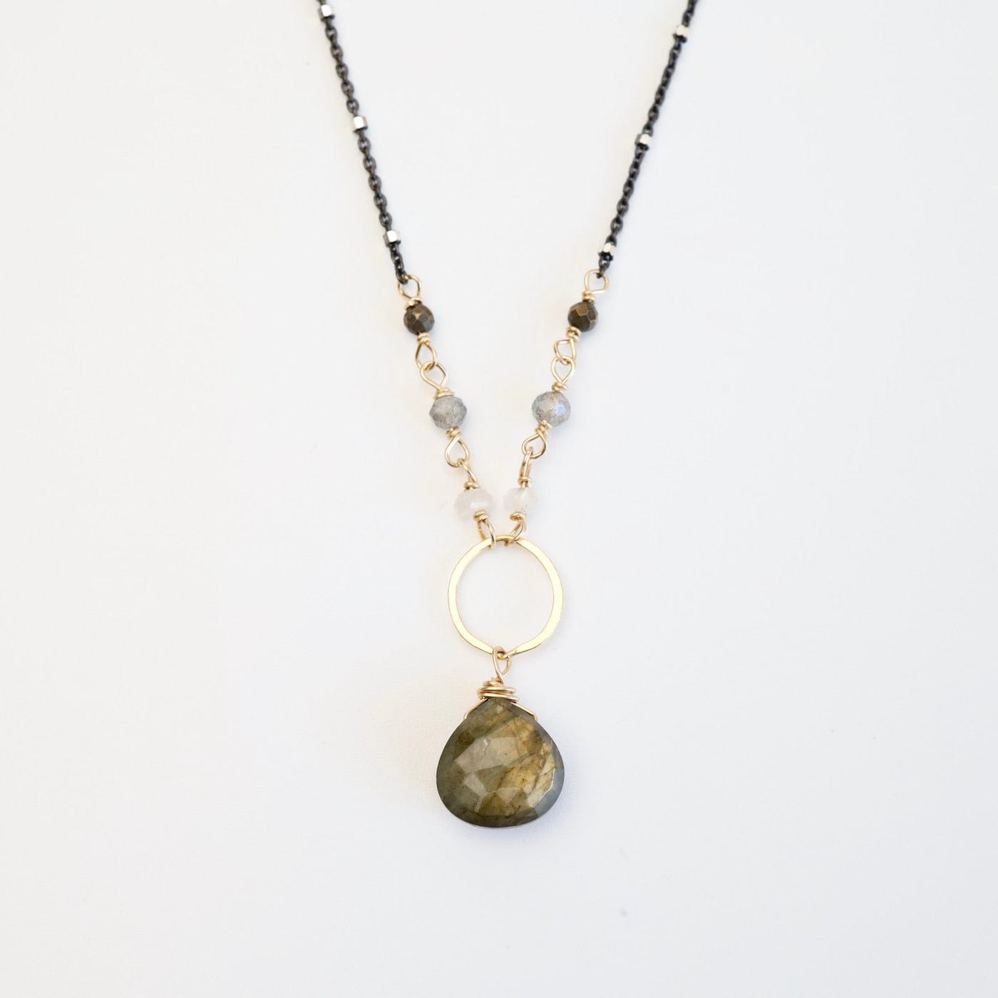 Load image into Gallery viewer, NKL-GF Gold Filled Ring with Labaradorite Drop Necklace
