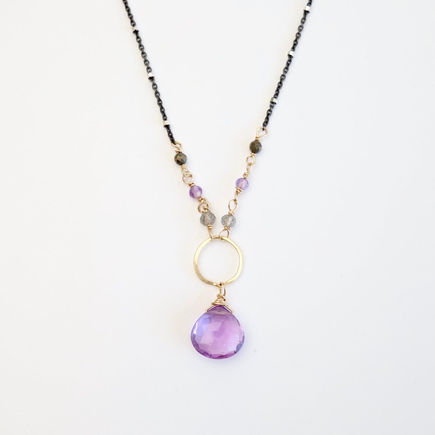 NKL-GF Gold Filled Ring with Pink Amethyst Drop Necklace