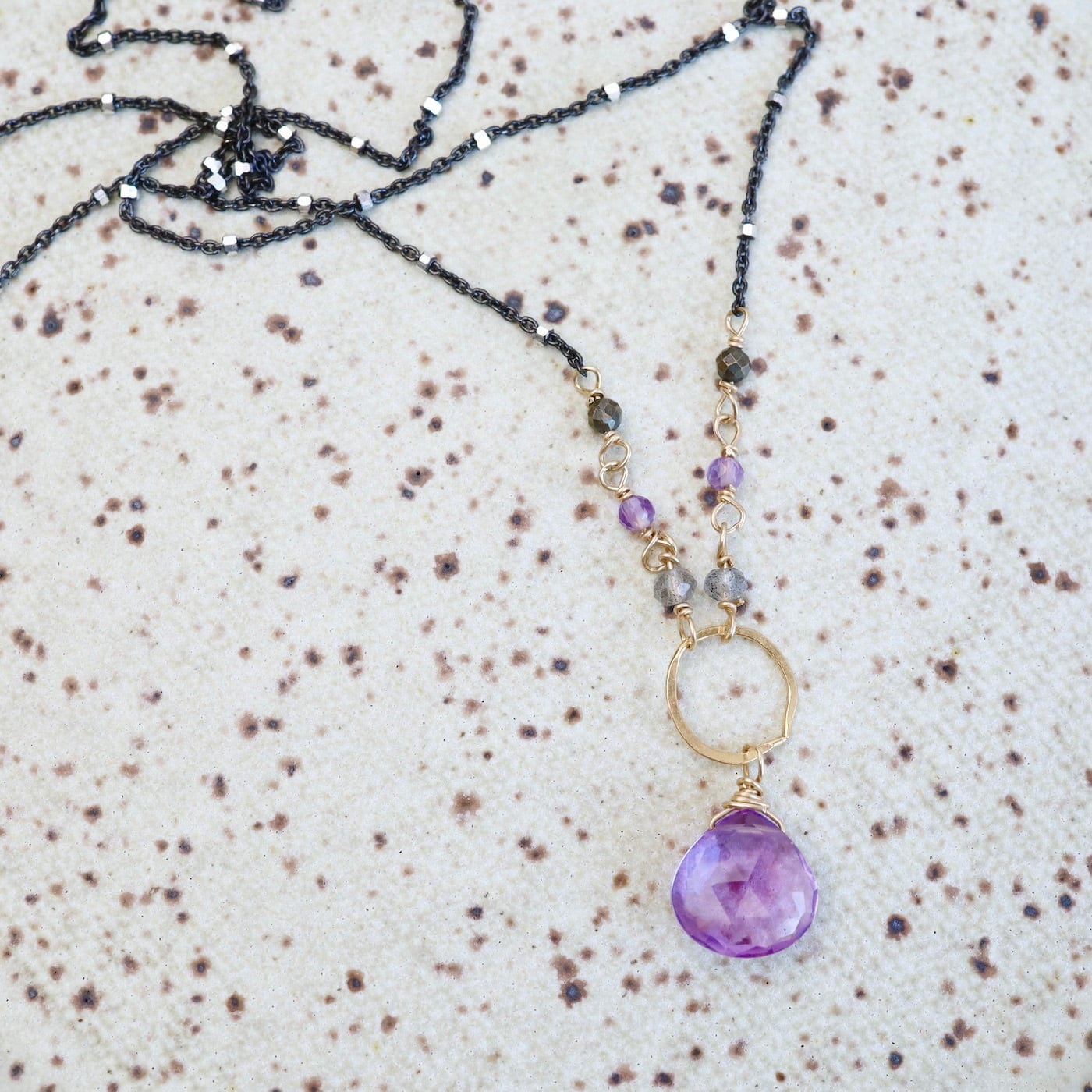 NKL-GF Gold Filled Ring with Pink Amethyst Drop Necklace