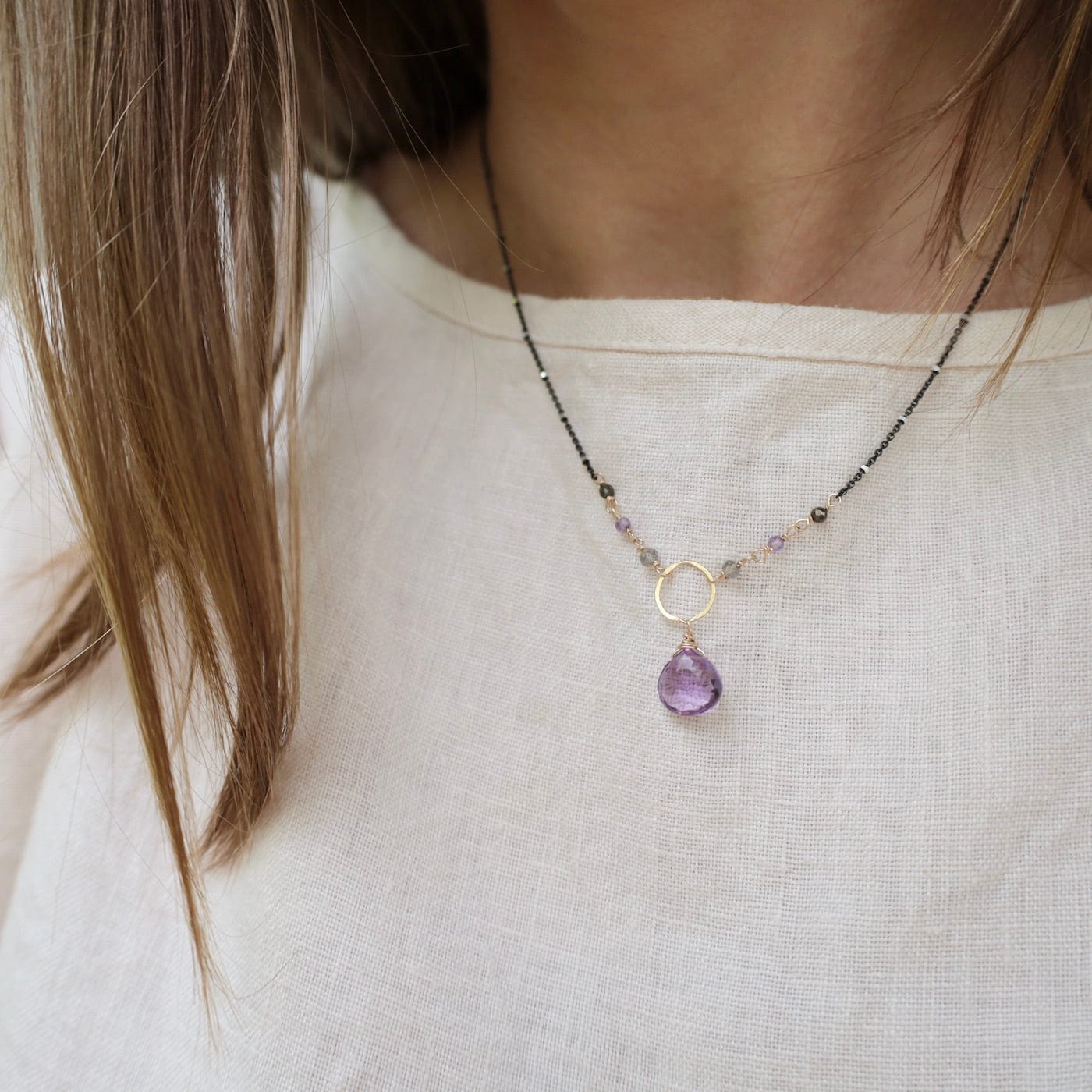 NKL-GF Gold Filled Ring with Pink Amethyst Drop Necklace