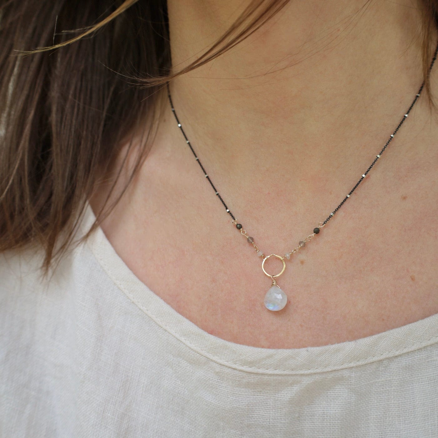 NKL-GF Gold Filled Ring with Rainbow Moonstone Drop Necklace