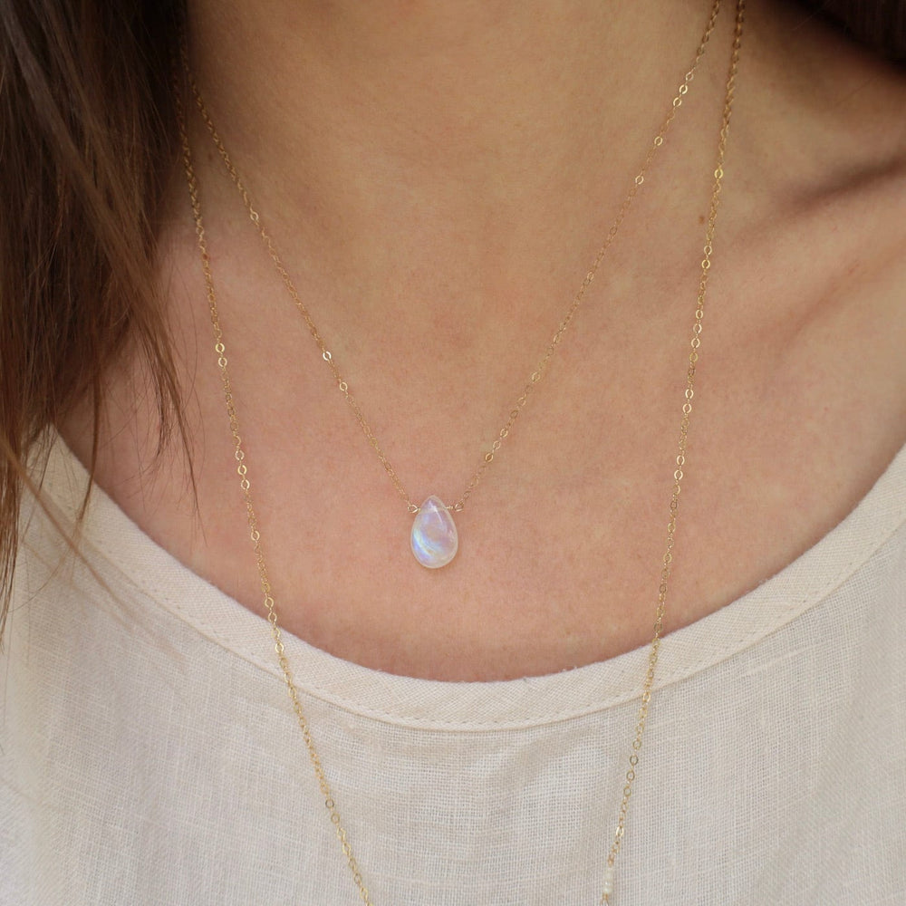 NKL-GF Gold Filled Smooth Rainbow Moonstone Drop Necklace