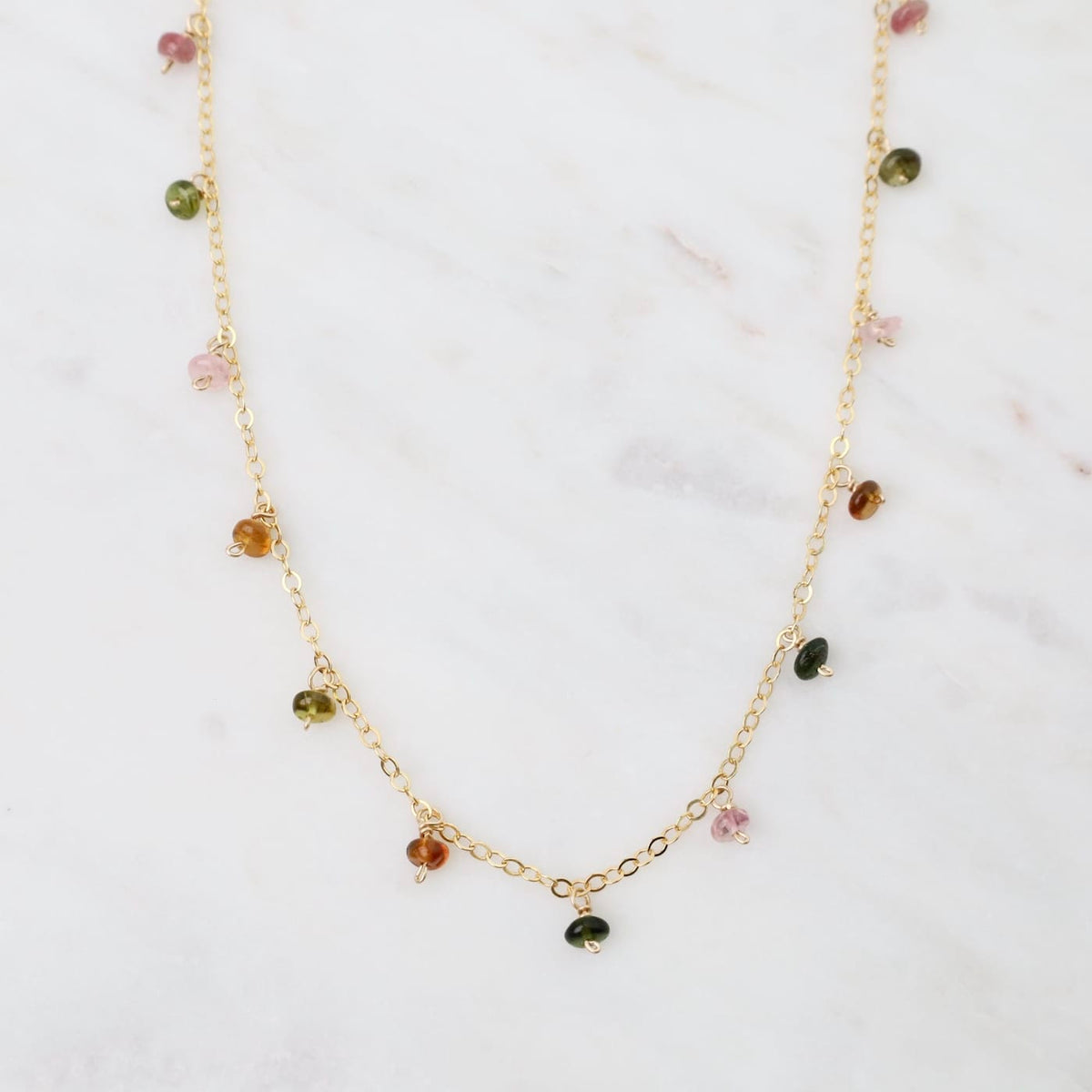 NKL-GF Gold Filled Watermelon Tourmaline Station Necklace