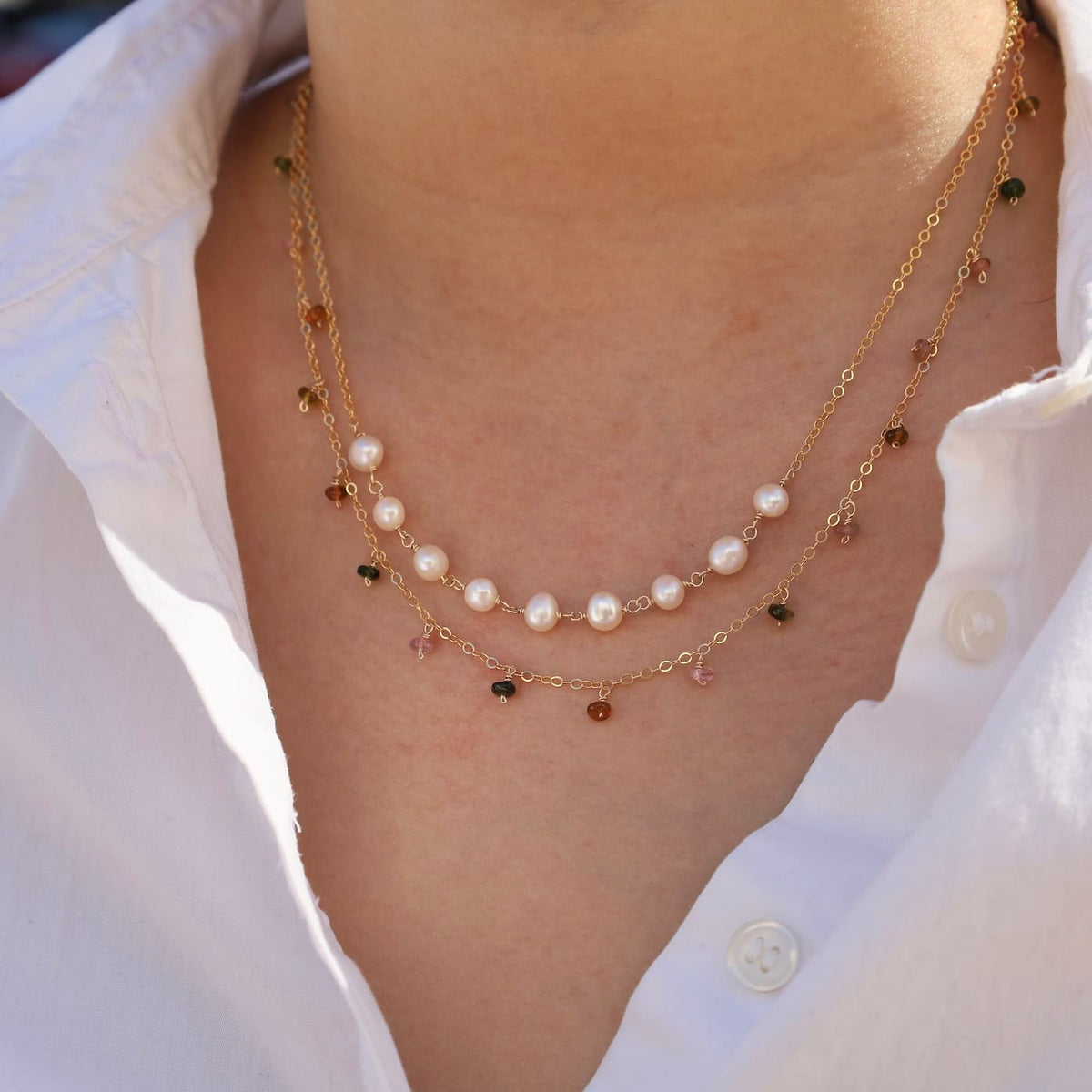 NKL-GF Gold Filled Watermelon Tourmaline Station Necklace