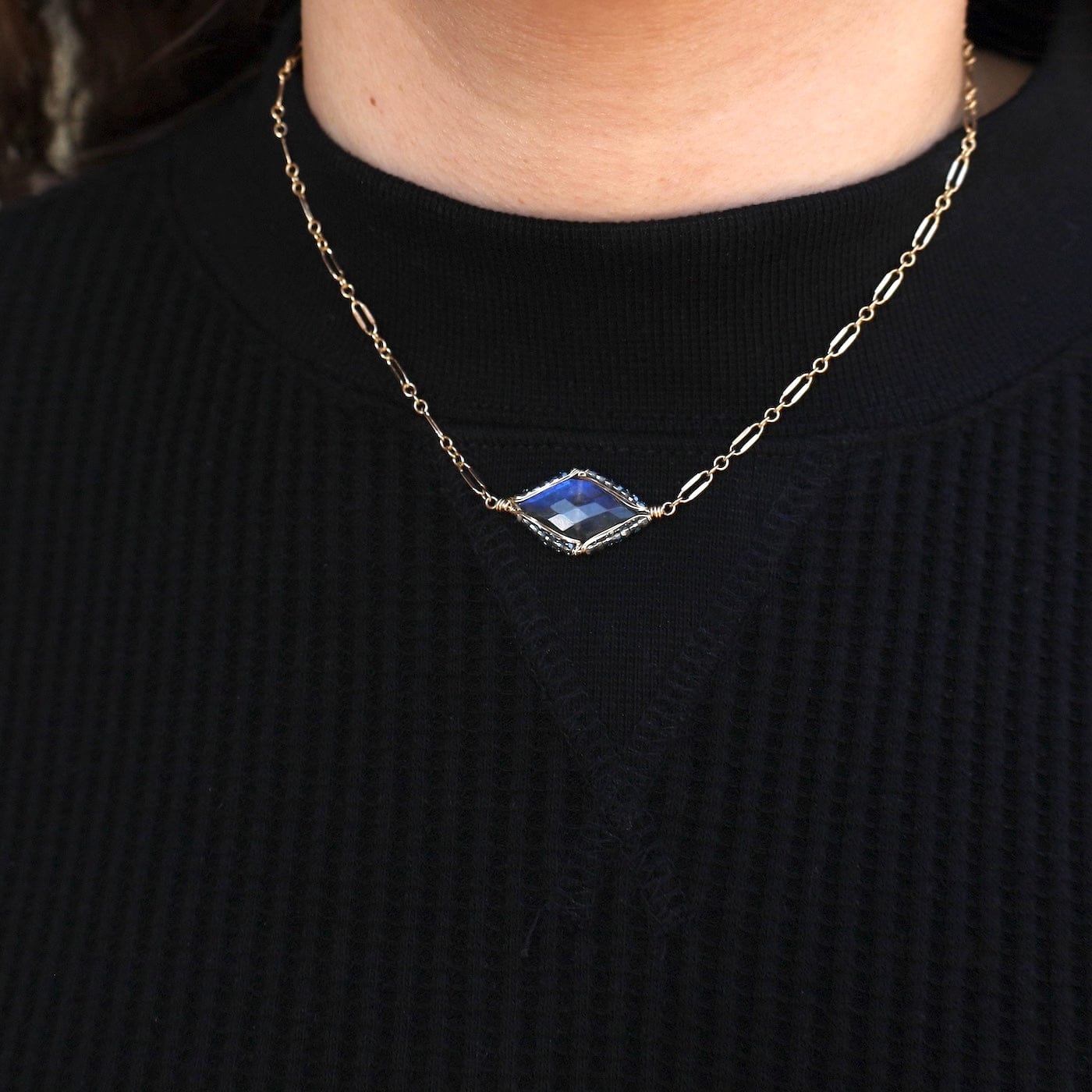 NKL-GF Gold Filled Wrapped Labradorite Diamond Surrounded