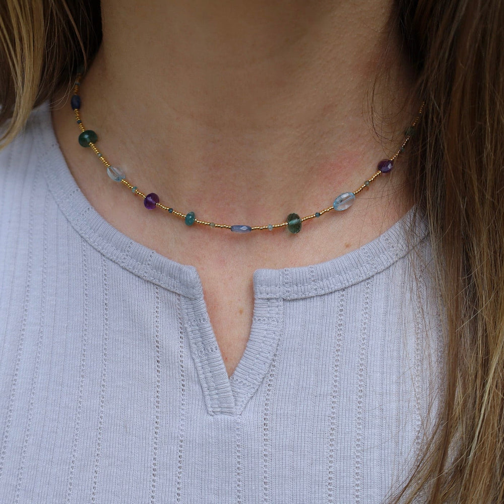 NKL-GF Gold glass, Amethyst, Grandidierite, & Blue Gemstone Necklace