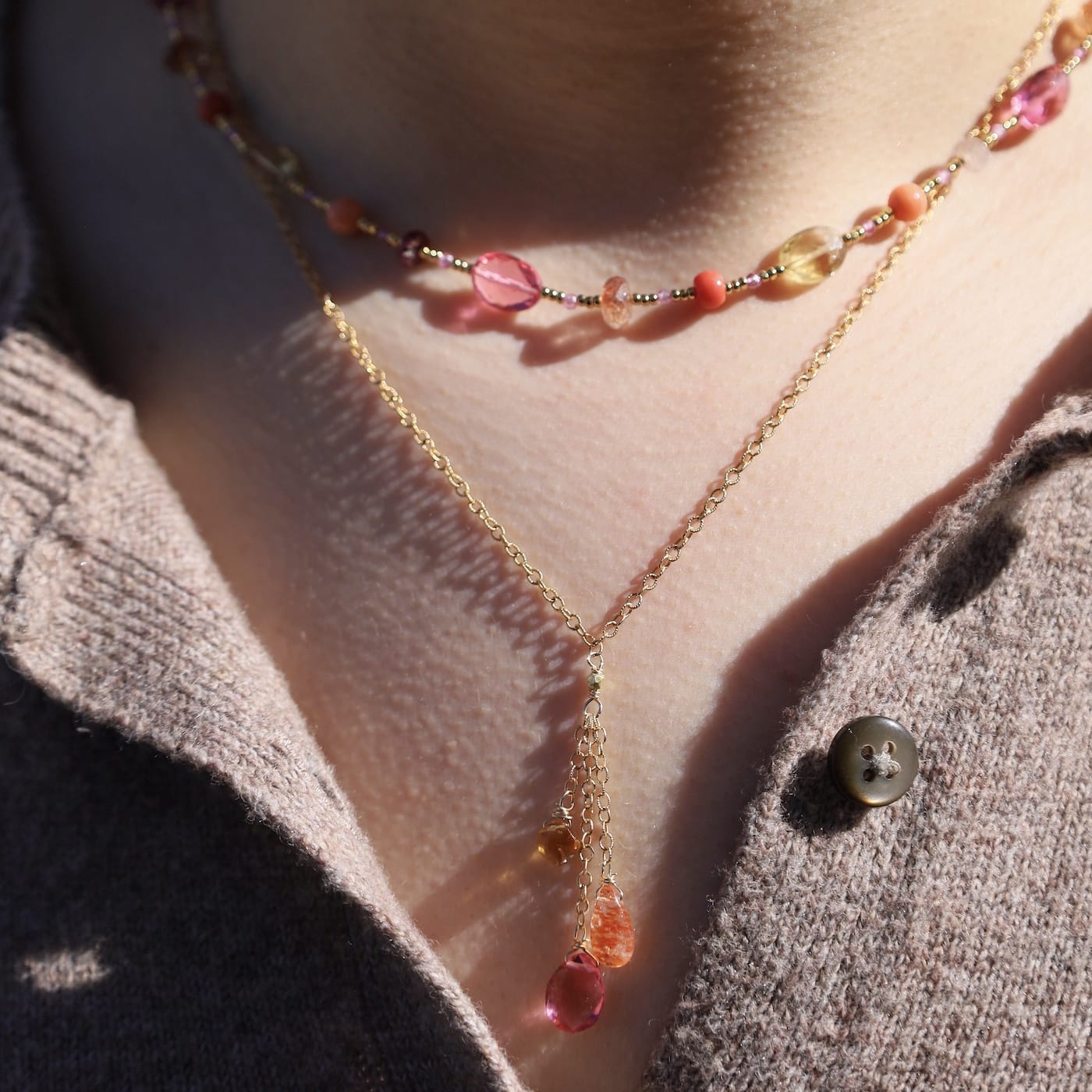 NKL-GF Gold Glass Pastel Stone Station Necklace