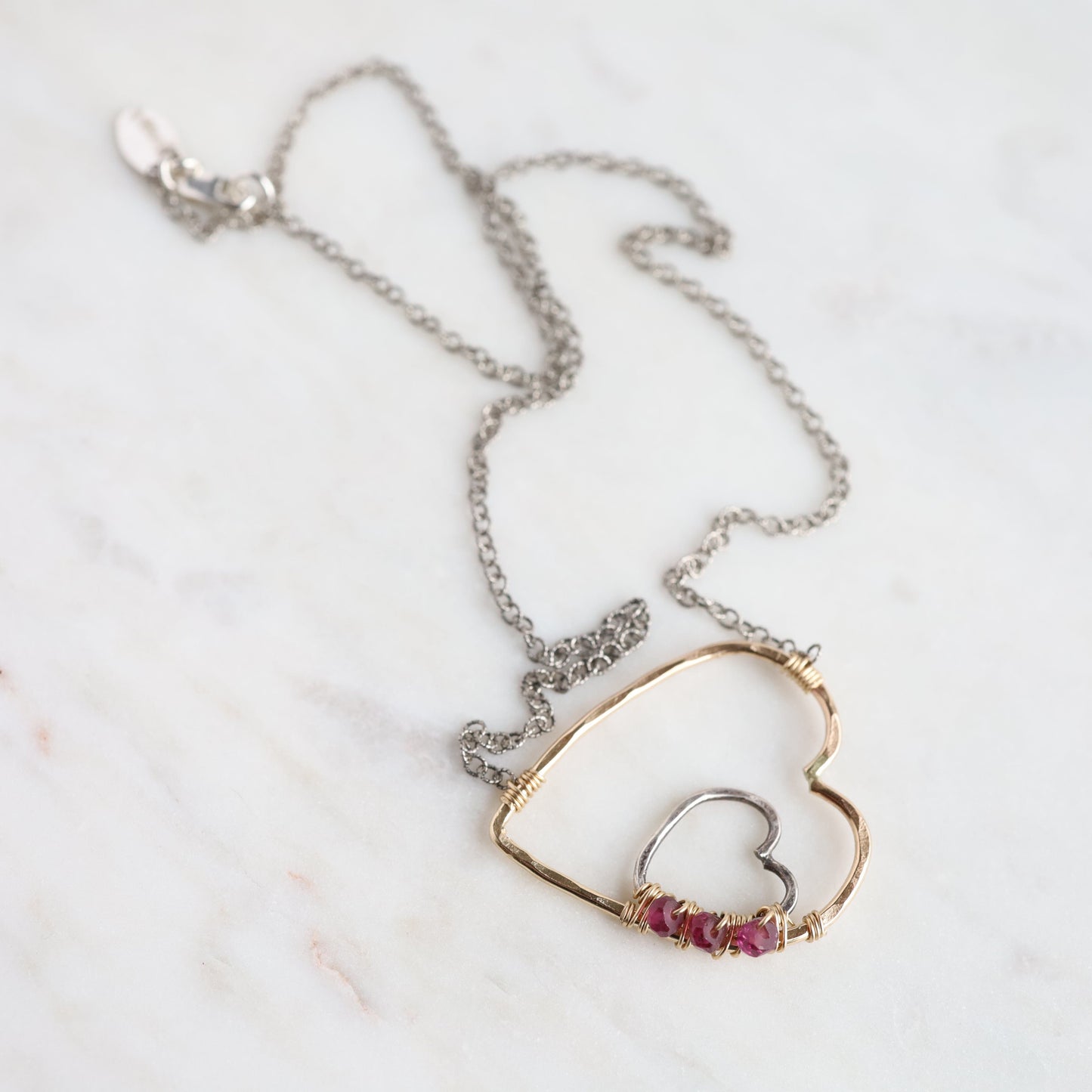 NKL-GF Gold & Silver Heart with Rhodolite Garnet Necklace