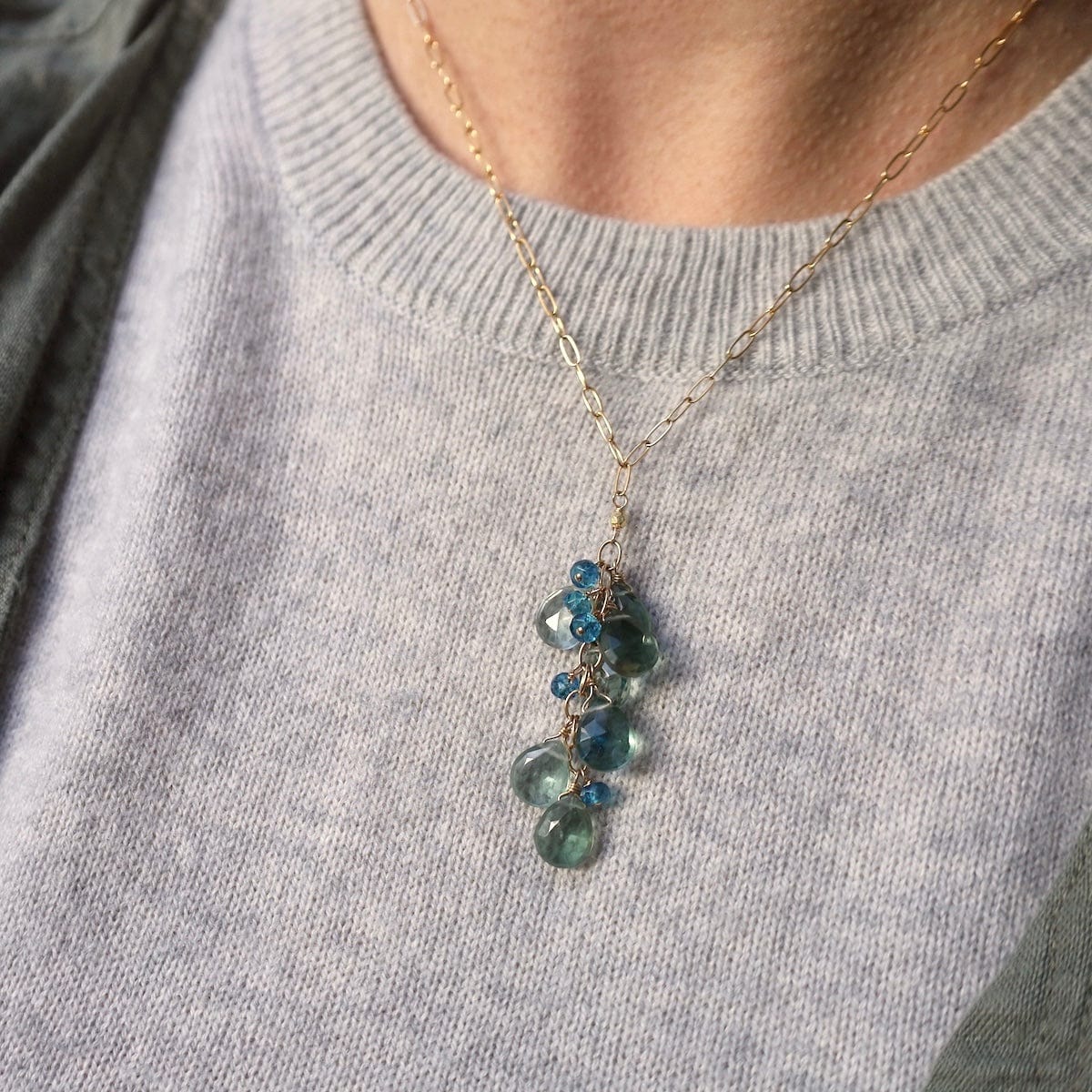 NKL-GF Green Quartz & Blue Quartz Gold Waterfall Necklace
