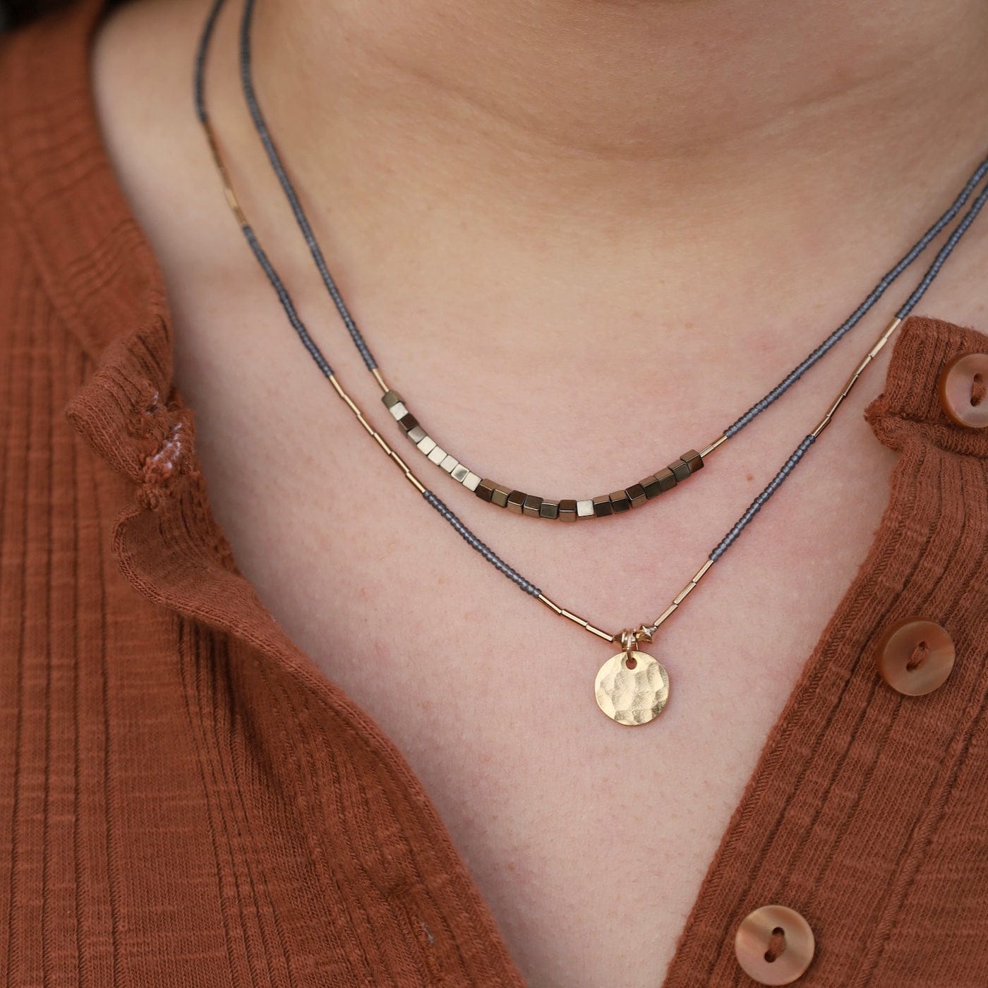 NKL-GF Grey Seed Beads With Gold Fill & Hematite Cubes Necklace