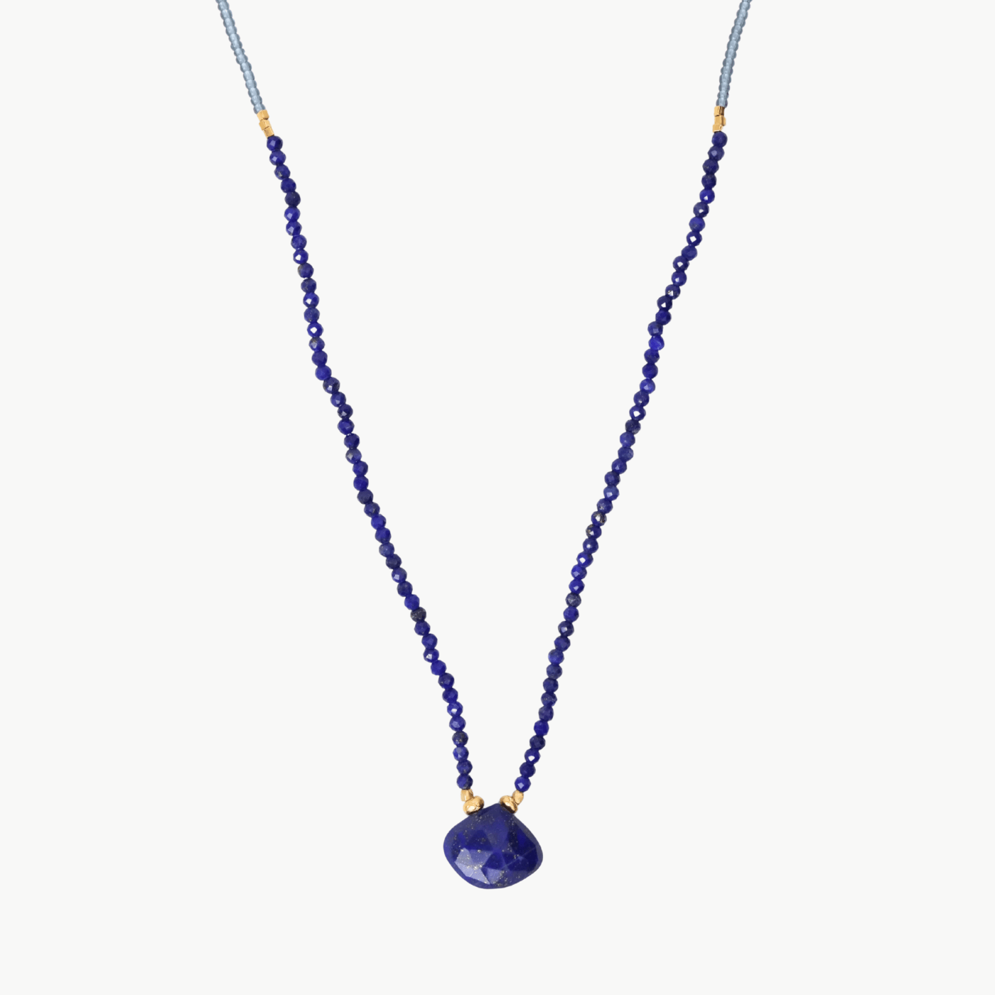 NKL-GF Grey seed beads with lapis beads and briolette & g