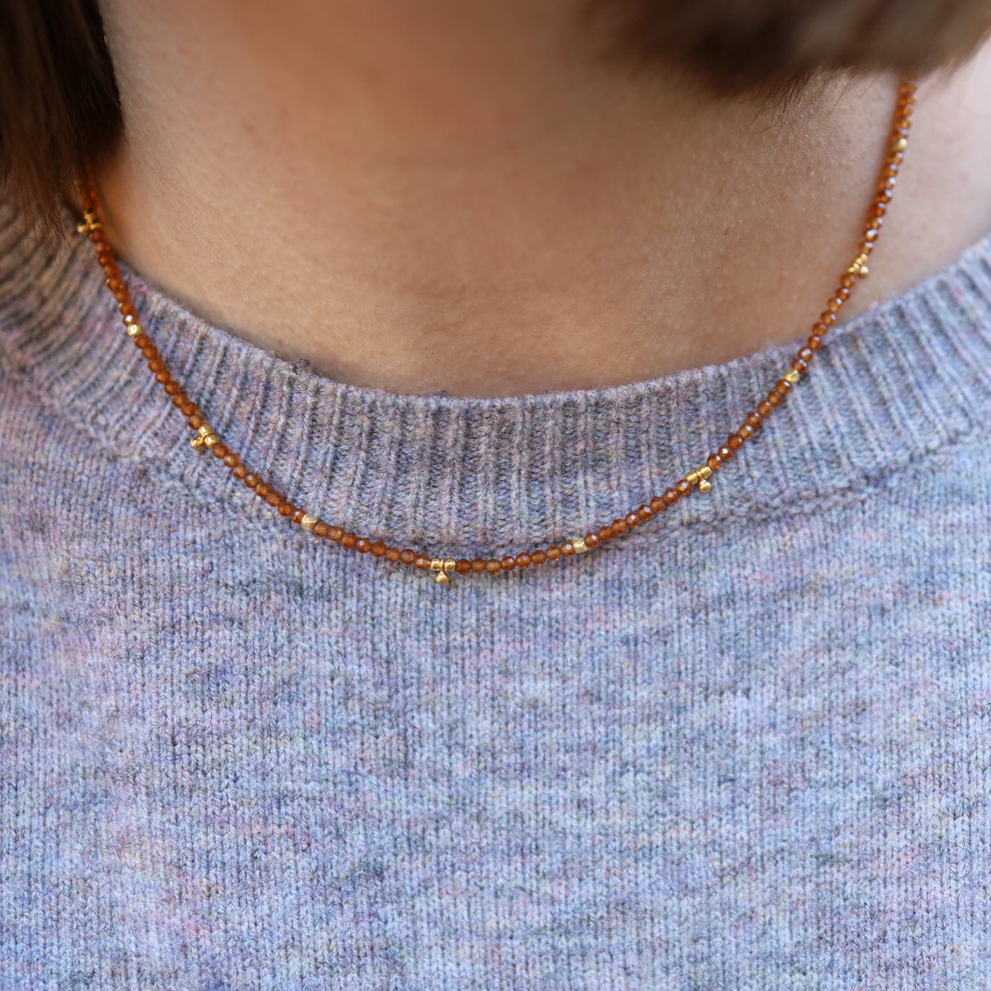 NKL-GF Hessonite Garnet Tiny Gold Ball Charms Necklace