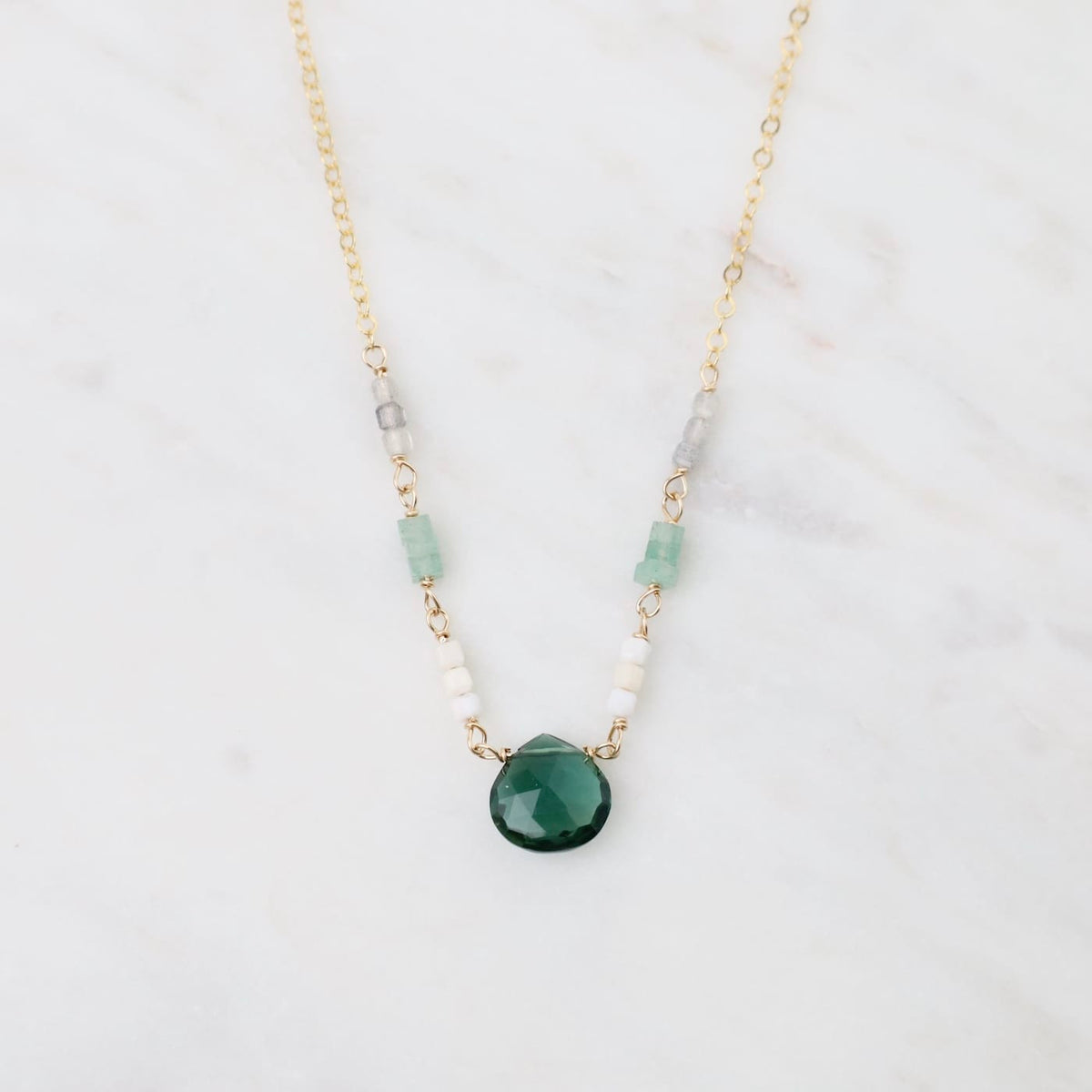 NKL-GF Indicolite Quartz drop with Adventurine & Labradorite Necklace