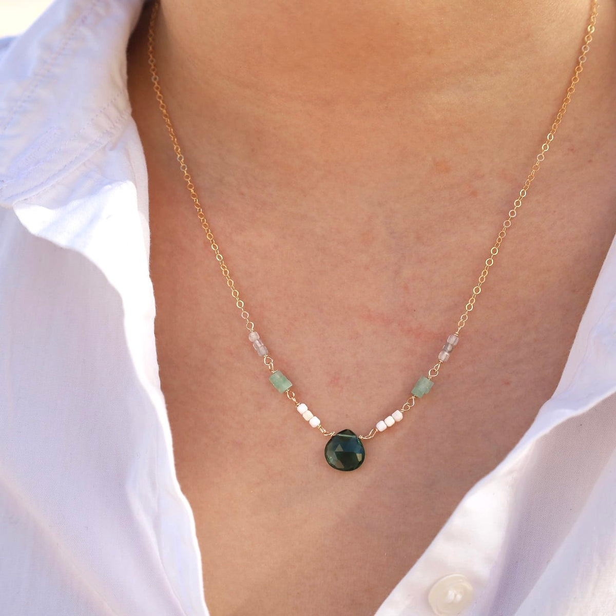 NKL-GF Indicolite Quartz drop with Adventurine & Labradorite Necklace