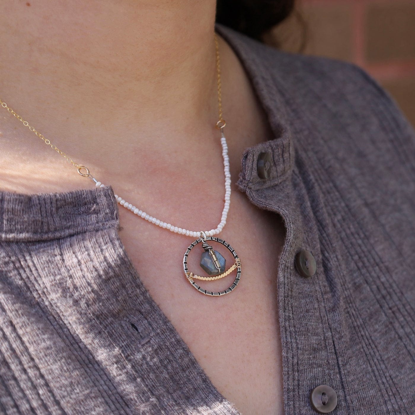 NKL-GF Labradorite Drop Pearl and Chain Necklace