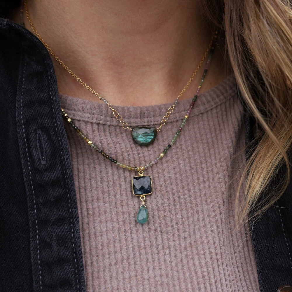 NKL-GF Labradorite Half Moon, gold fill chain & spring ri