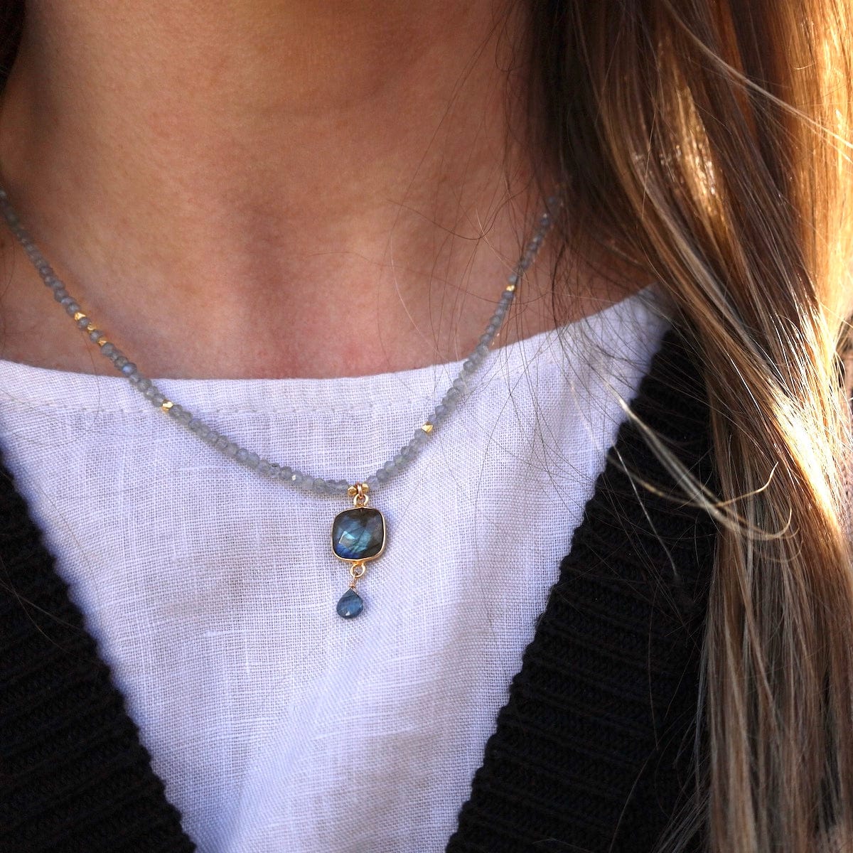 NKL-GF Labradorite Square Bezel Link Necklace