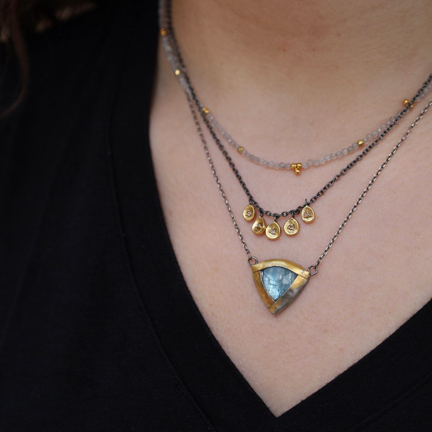 NKL-GF Labradorite Tiny Gold Ball Charms Necklace