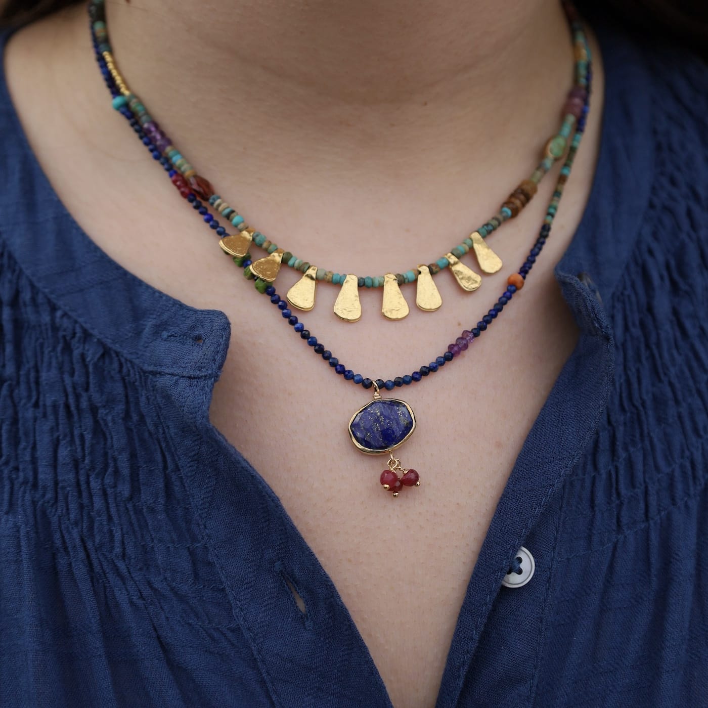 NKL-GF Lapis Necklace with Lapis Oval Pendant and 3 Ruby