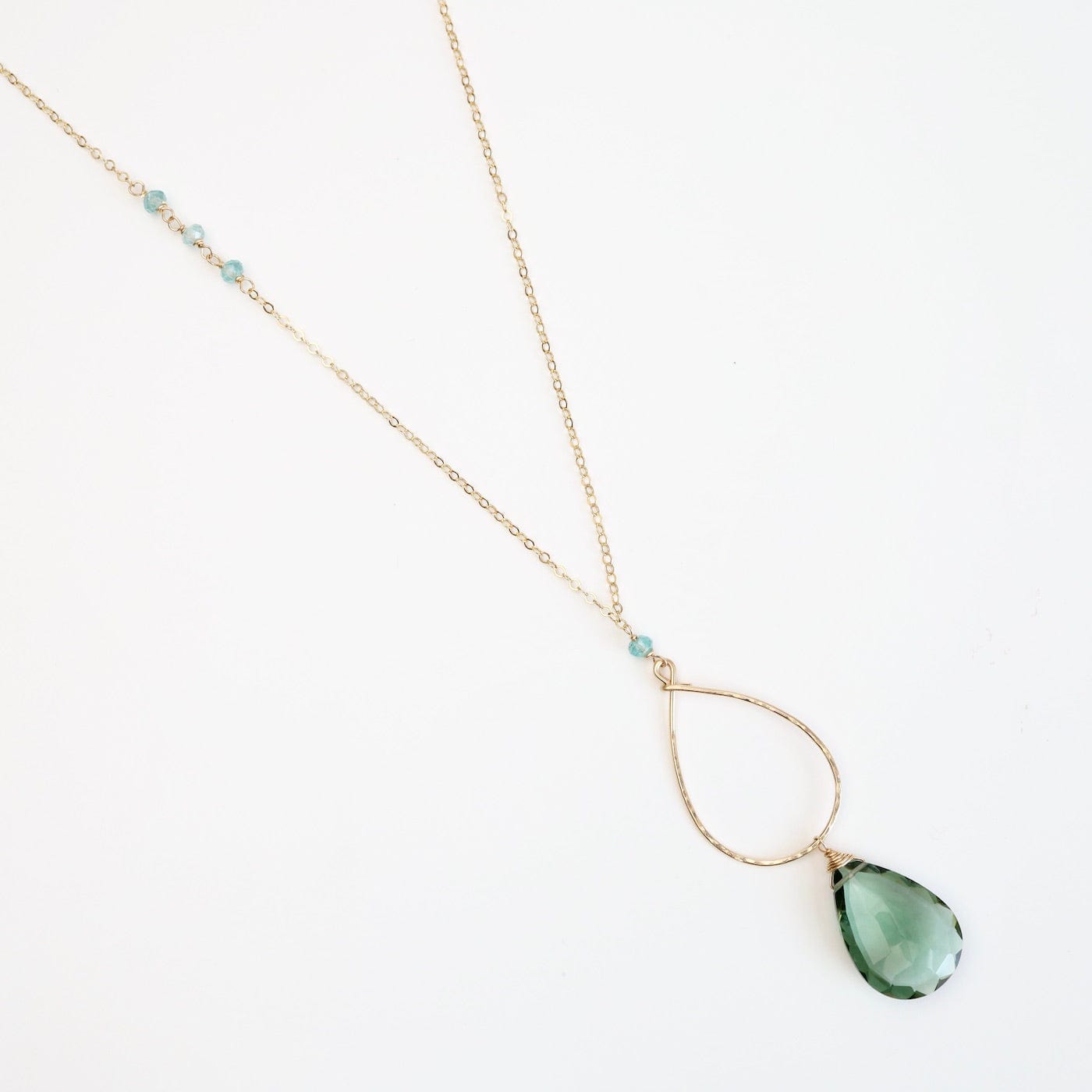 NKL-GF Large Green Amethyst Gold Filled Long Open Teardrop Necklace