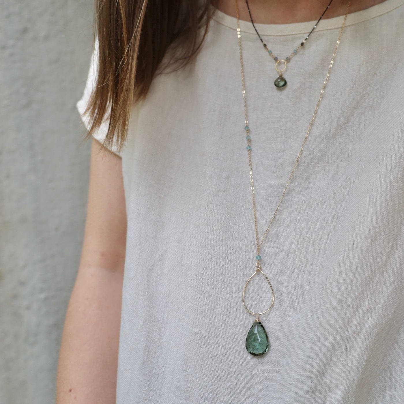 NKL-GF Large Green Amethyst Gold Filled Long Open Teardrop Necklace