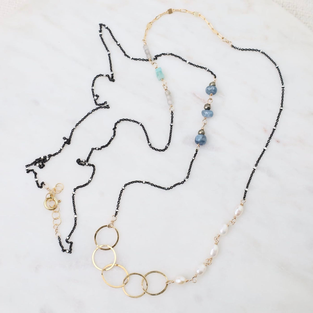NKL-GF Long Mixed Metal Pearl Blue Mix Necklace