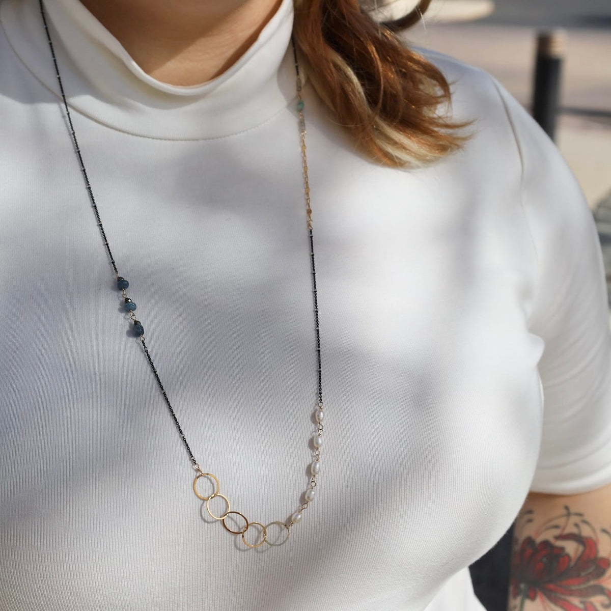 NKL-GF Long Mixed Metal Pearl Blue Mix Necklace