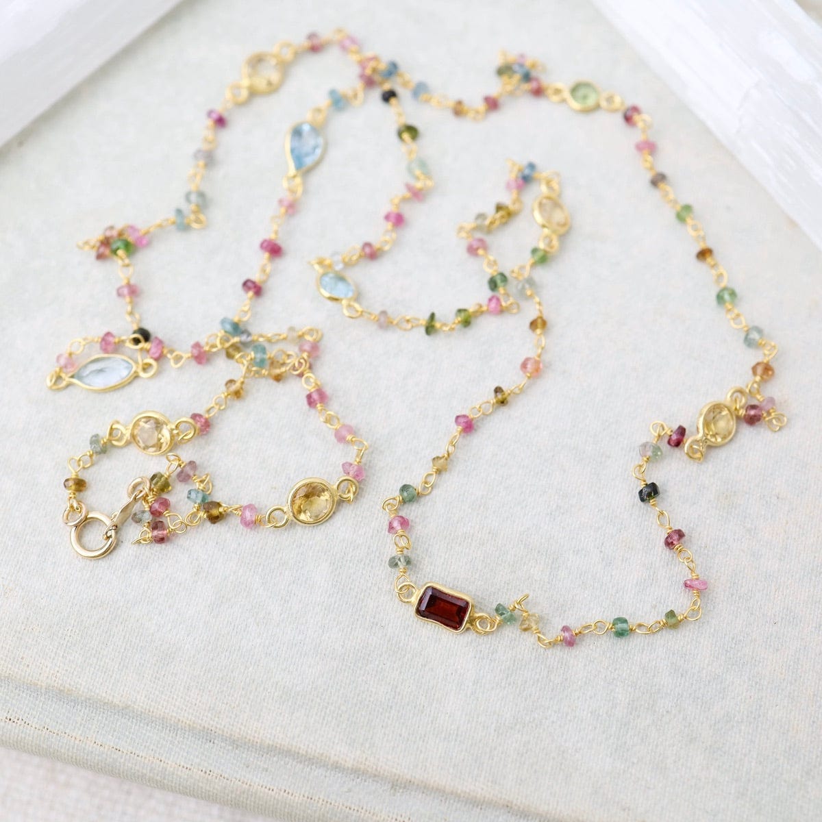 NKL-GF Long Multi Tourmaline Bead Necklace with Bezel Stations