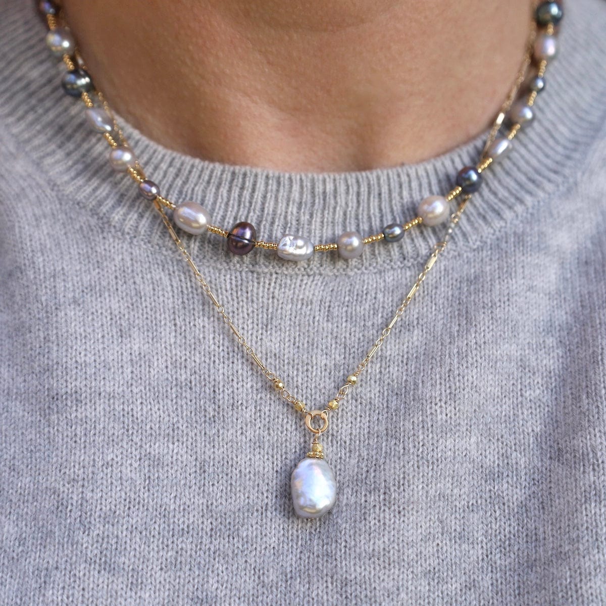 NKL-GF Multi Color Grey Pearl and Glass Necklace