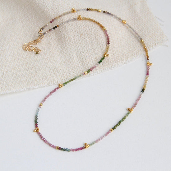 NKL-GF Multi-color Tourmaline Tiny Gold Ball Charms Necklace