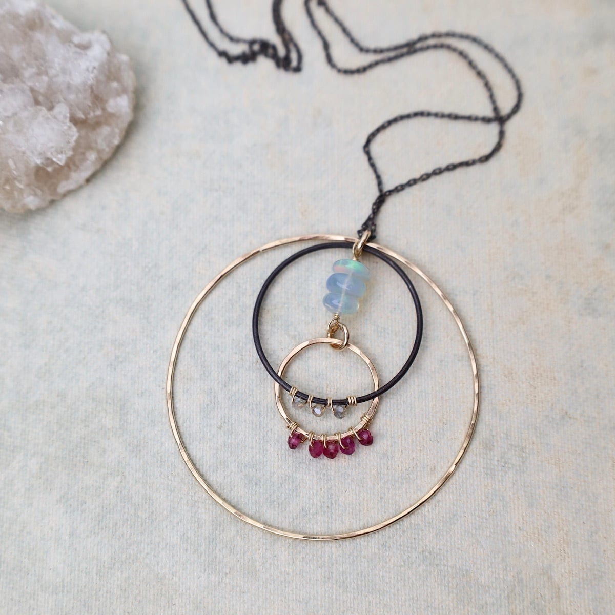NKL-GF Multi Ring Necklace with Opal, Labradorite, & Garnet
