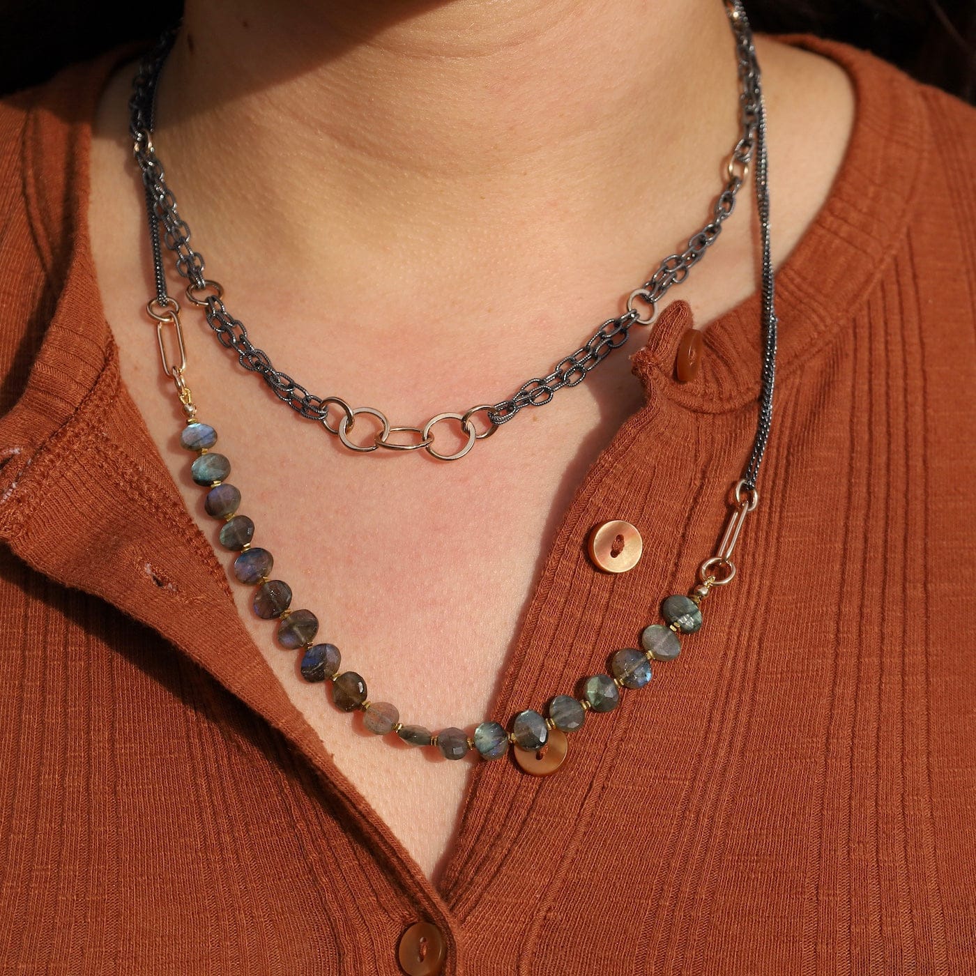 NKL-GF Oxidized Sterling And Gold Fill Strata Necklace