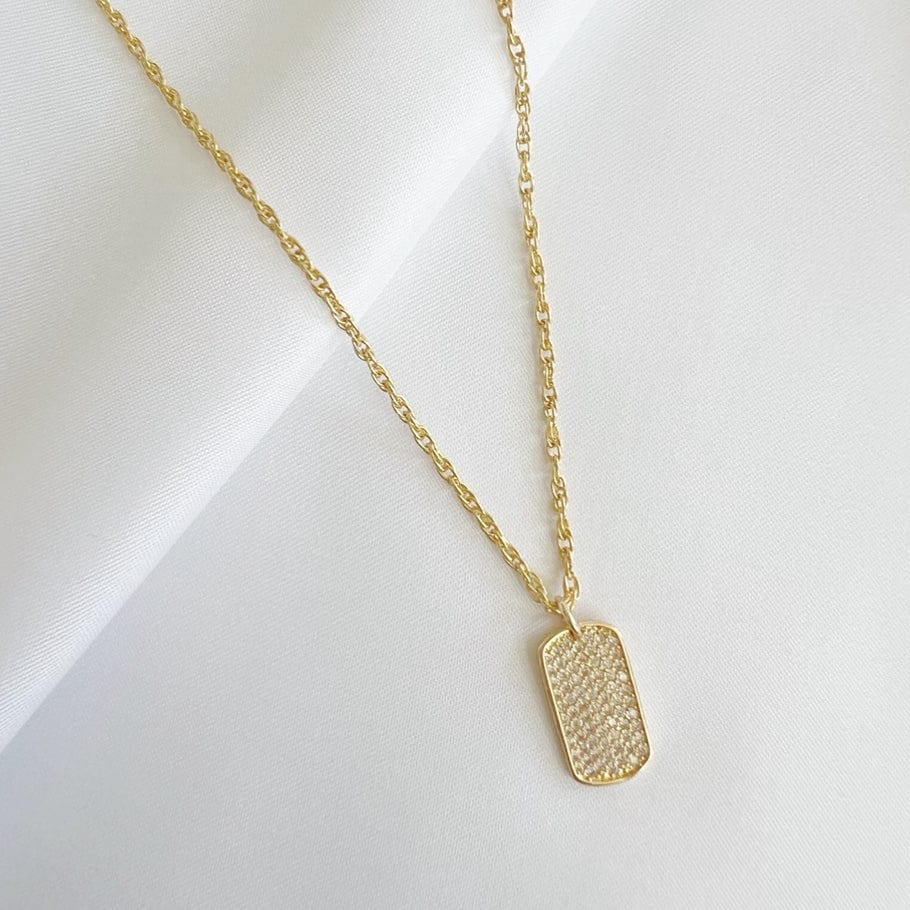 NKL-GF Pave Cz Dog Tag Pendant Necklace Gold Filled