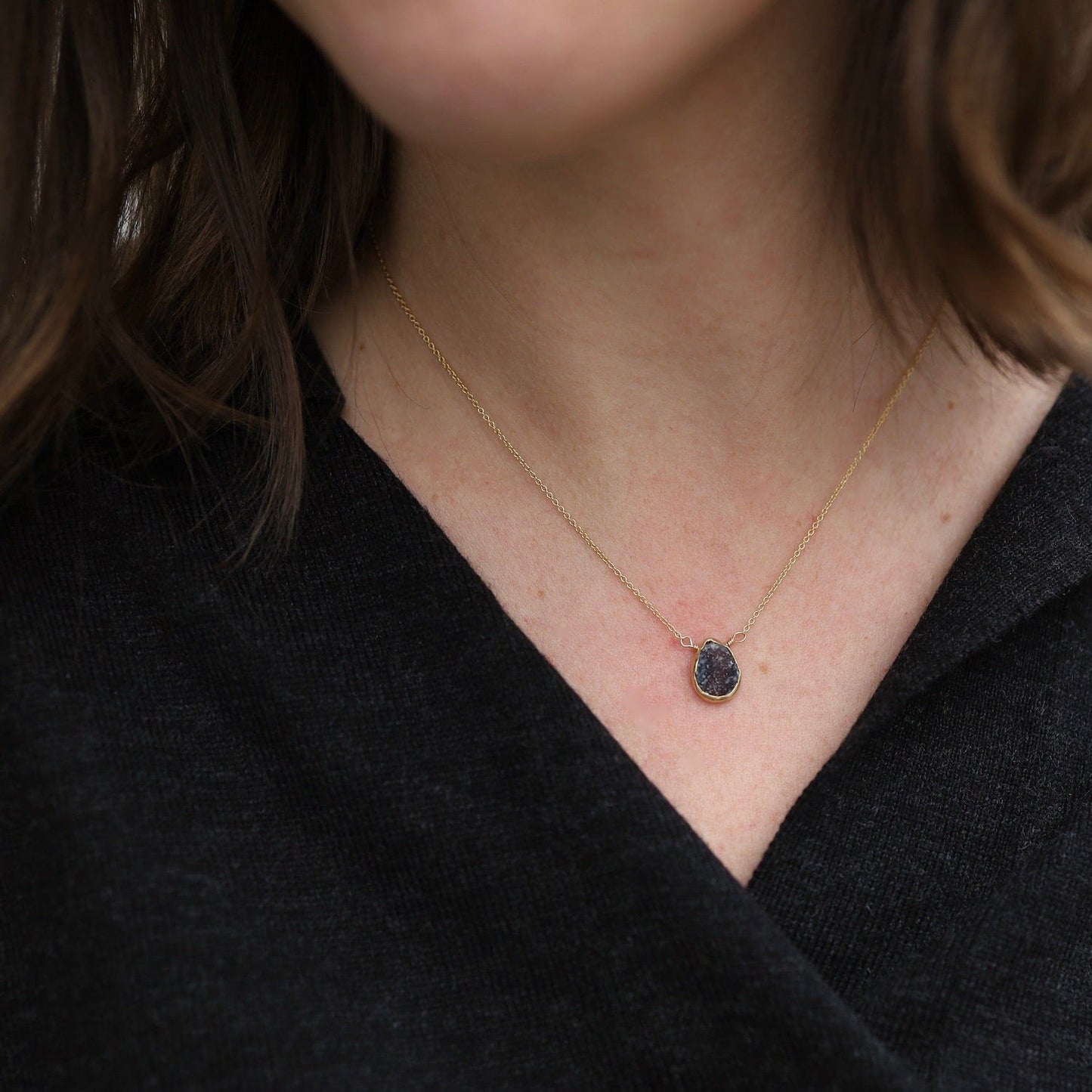 Petite Teardrop Black Druzy Necklace Dandelion Jewelry