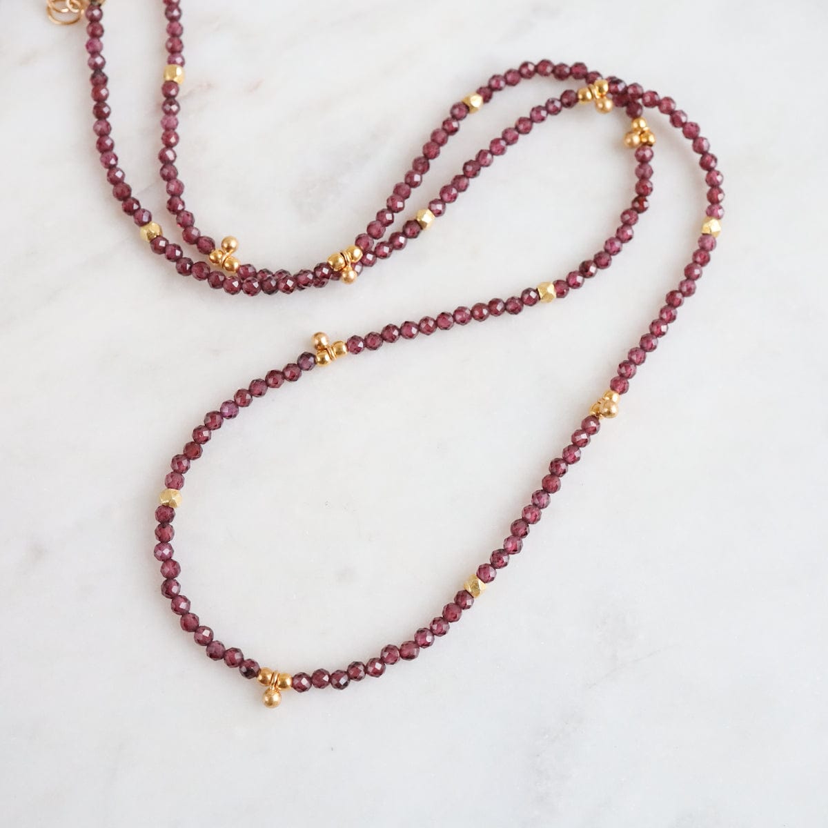 NKL-GF Red Garnet Tiny Gold Ball Charms Necklace