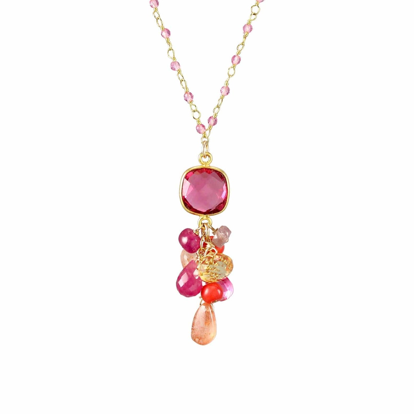 NKL-GF Rubellite Quartz Square Bezel , Sunstone & Coral Pendant Necklace