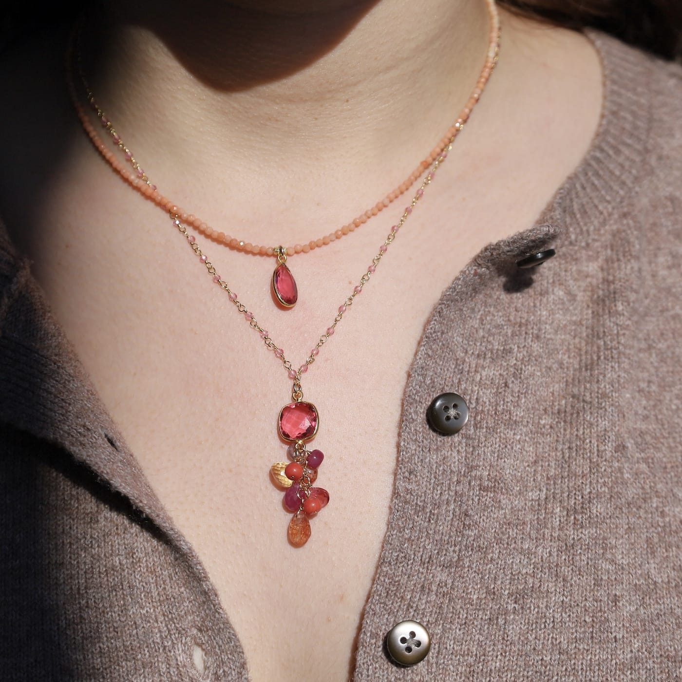 NKL-GF Rubellite Quartz Square Bezel , Sunstone & Coral Pendant Necklace