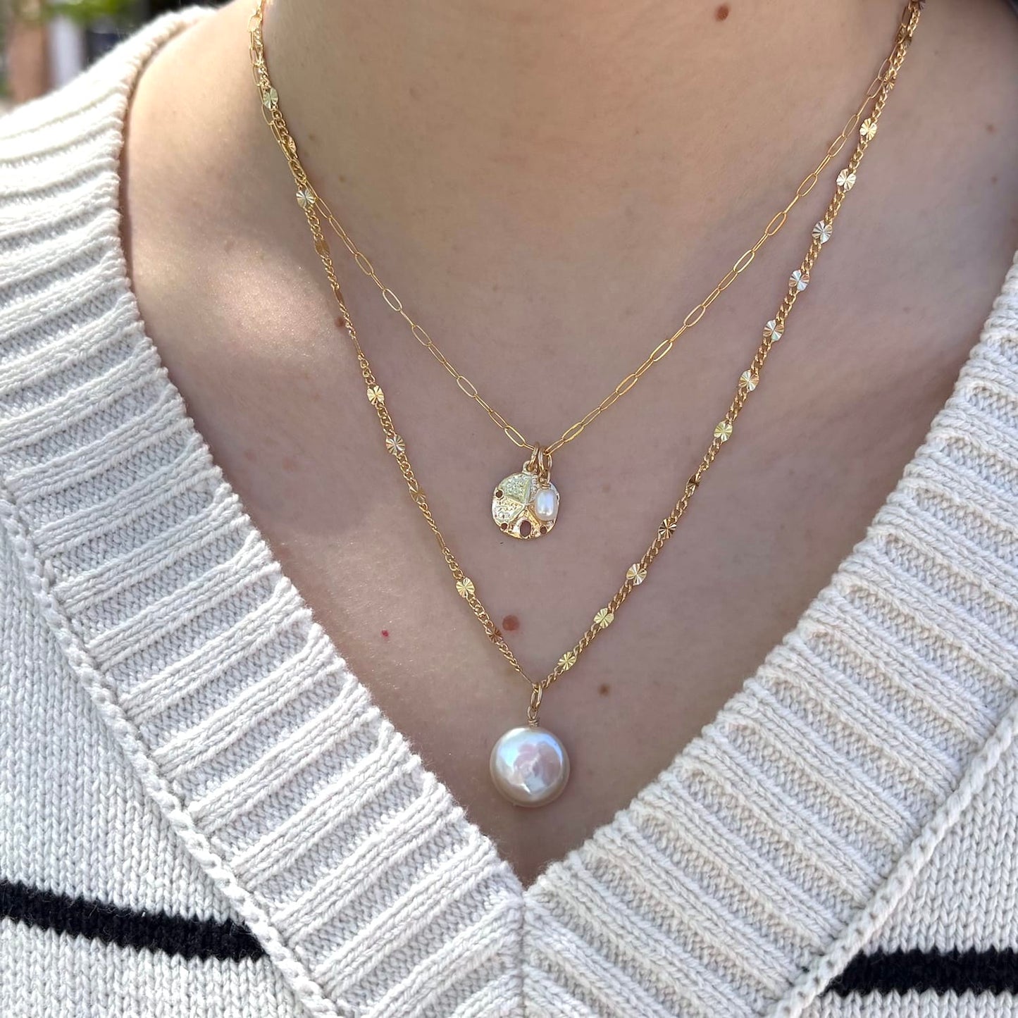 NKL-GF Sandy Pearl Beach Sand Dollar Charm Necklace