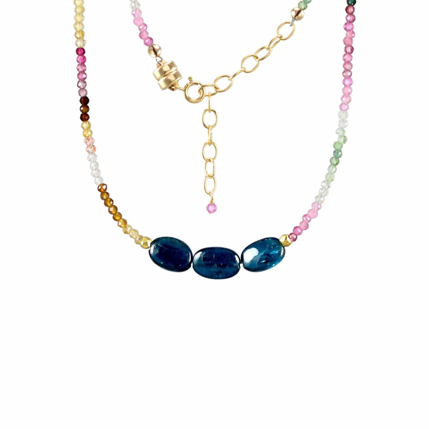 NKL-GF Single Strand Multi Tourmaline with 3 Kyanite Oval Necklace