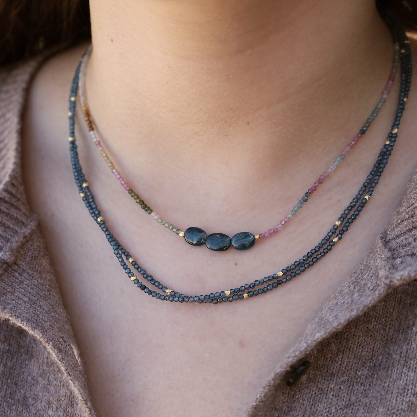 NKL-GF Single Strand Multi Tourmaline with 3 Kyanite Oval Necklace