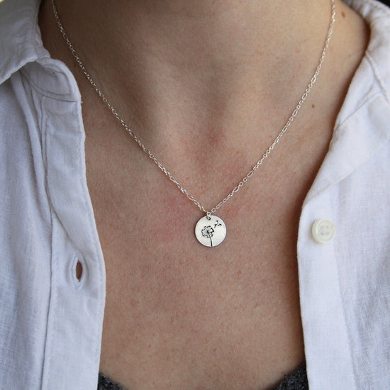 NKL-GF Small Hand Stamped Dandelion Charm Necklace in Sterling Silver