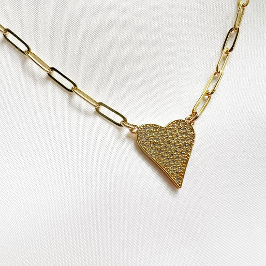 NKL-GF Stay True Pave Heart Paperclip Necklace Gold Fille