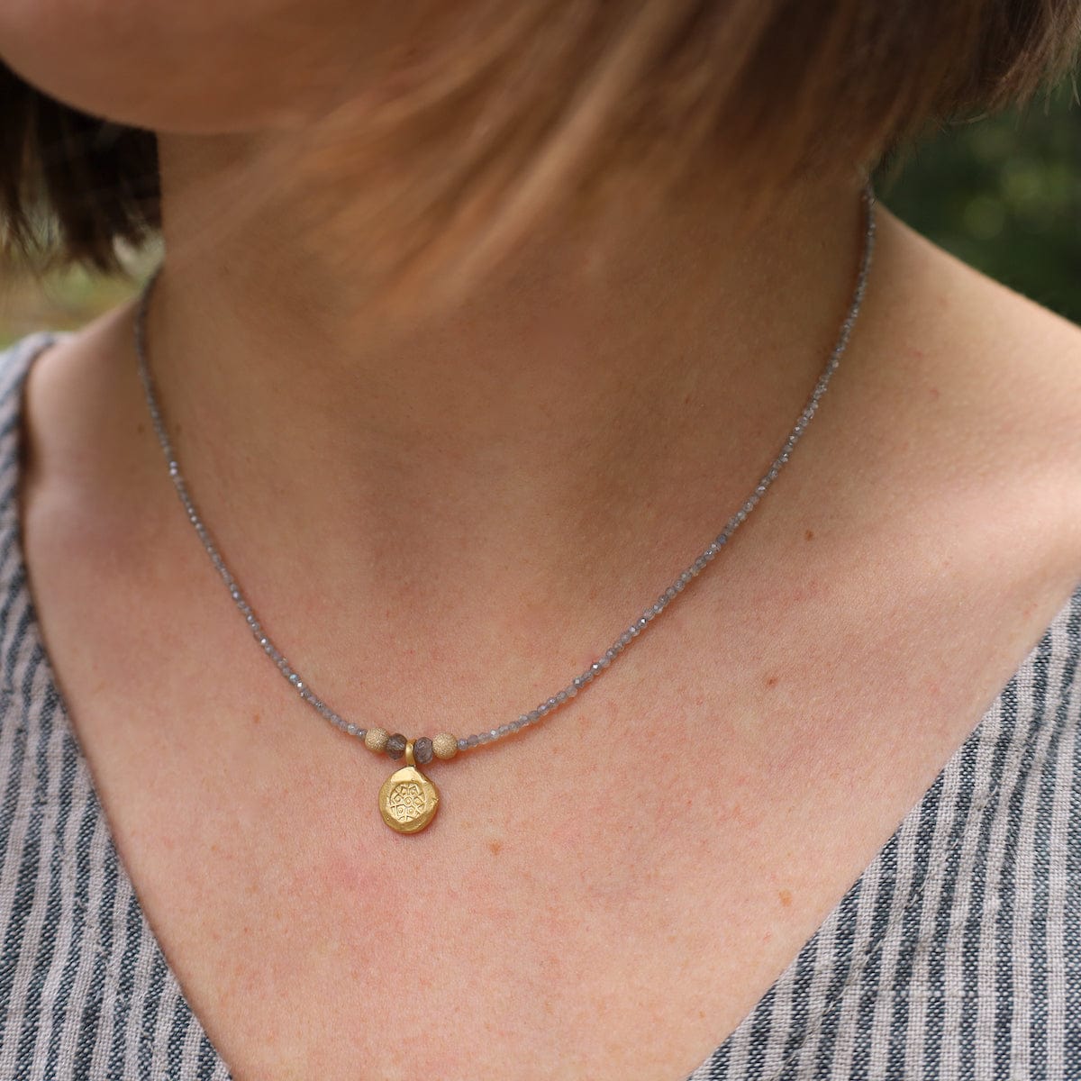 NKL-GF Strung Labradorite with Gold Charm Necklace